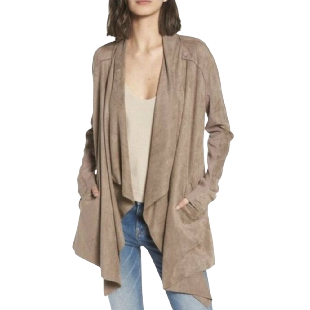 BLANKNYC Cloud Nine Drape Jacket Brown Faux Suede Long Sleeve Open Front Medium - Picture 2 of 9